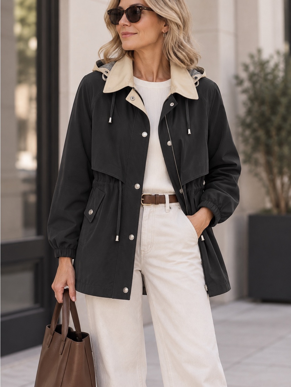 Karizma Black Hooded Anorak Jacket Cream Collar Drawstring Waist Size S